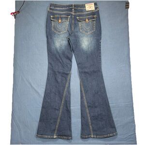 True Religion Joey Flare Twist Seam Mid-Rise Dark Wash Jeans Size 28
